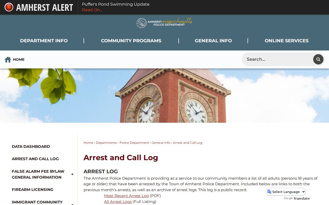 Amherst neighbors street-only police call log and arrest archive