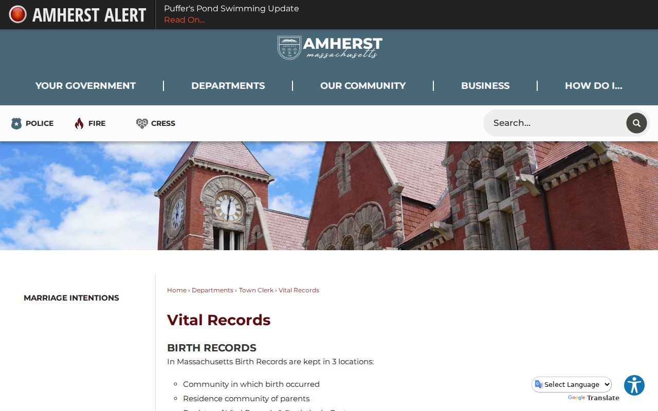 Amherst resident lookup vital records request information