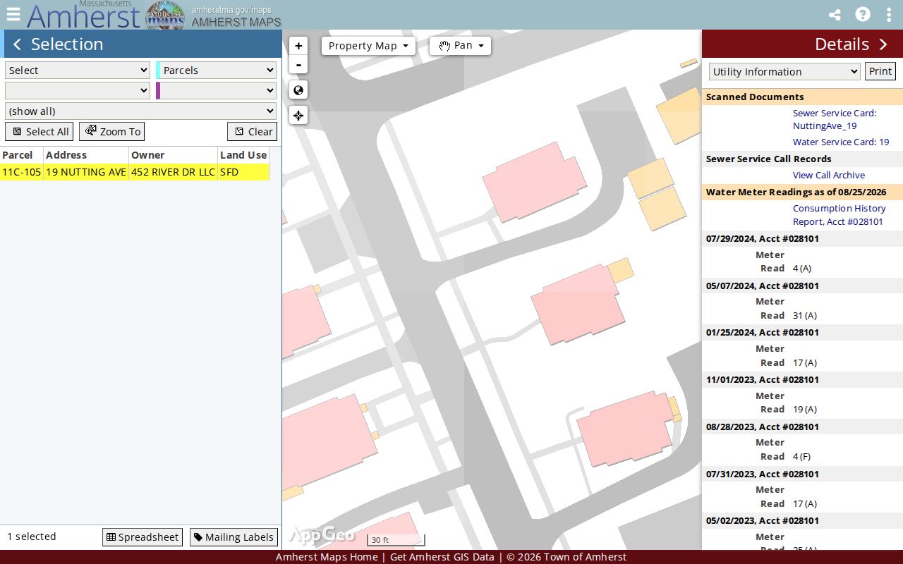 Amherst street directory GIS parcel viewer with search and selection controls