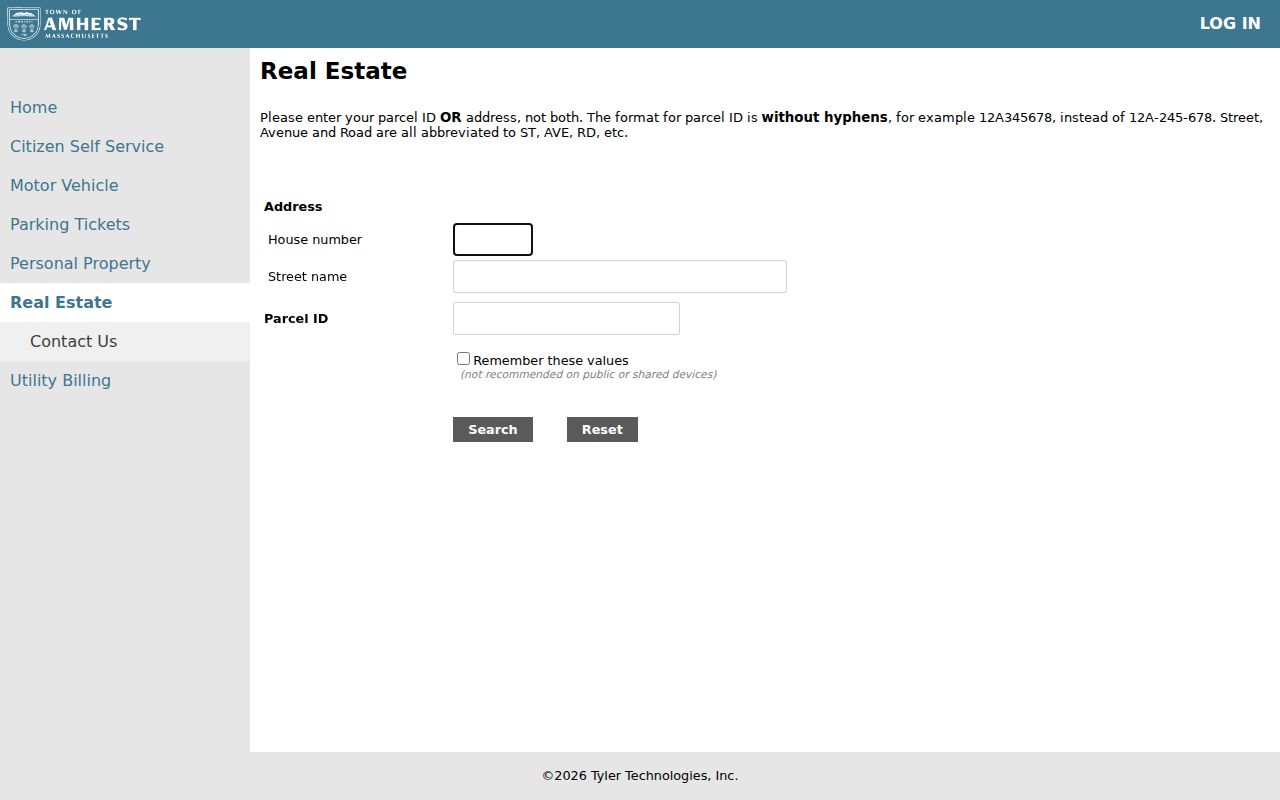 Amherst street directory tax payment search with address and parcel ID fields